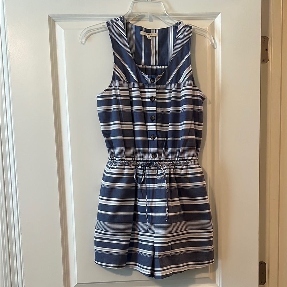 Copper Key Size Juniors S Sleeveless Blue and White Striped Button-Up Romper